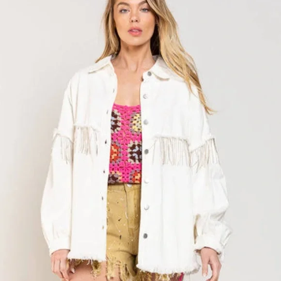 Veveret White Fringe Rhinestone Denim Tassel Jacket Size Large - Picture 2 of 16